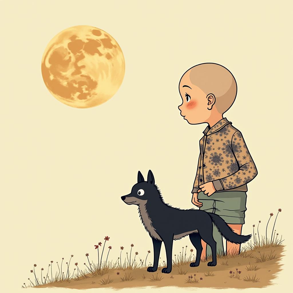 Galaxy with a silhouette of a wolf in the backgroundGhibli, Studio Ghibli aesthetic, hand-drawn anime style, retro nostalgic atmosphere, retro soft pastel color palette with earthy tones, retro Japanese cinematic shot, yellow tint effect, bald character, smooth surface, anime shadow 90's anime style