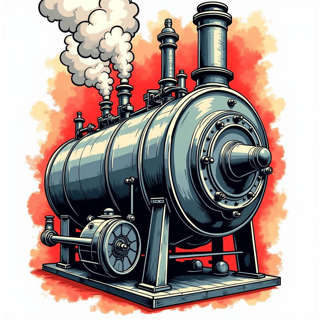 Big steam boilerin pop art style tattoo, featuring bold and vibrant colors, exaggerated outlines, iconic imagery, inspired by comic books and speech bubbles, comic book characters, retro pop culture - Variation 2