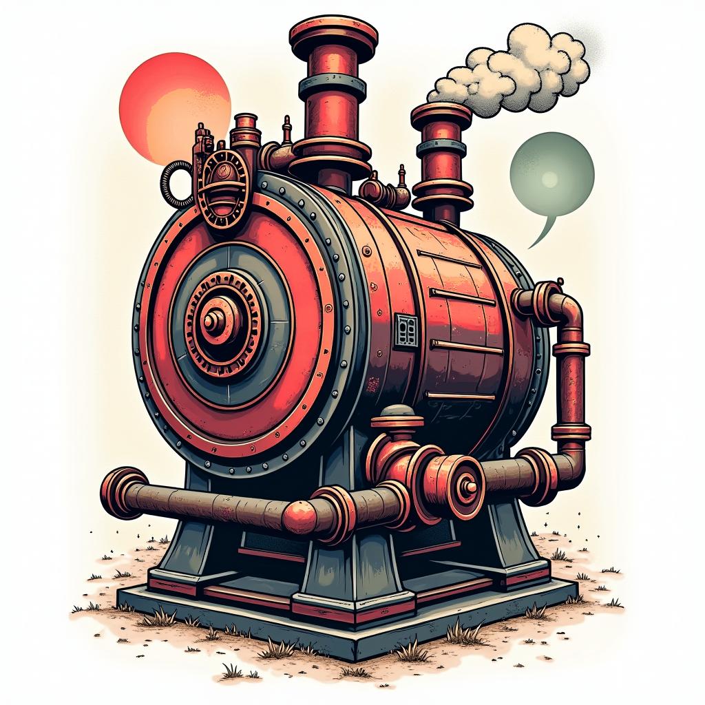 Big steam boilerin pop art style tattoo, featuring bold and vibrant colors, exaggerated outlines, iconic imagery, inspired by comic books and speech bubbles, comic book characters, retro pop culture - Variation 3