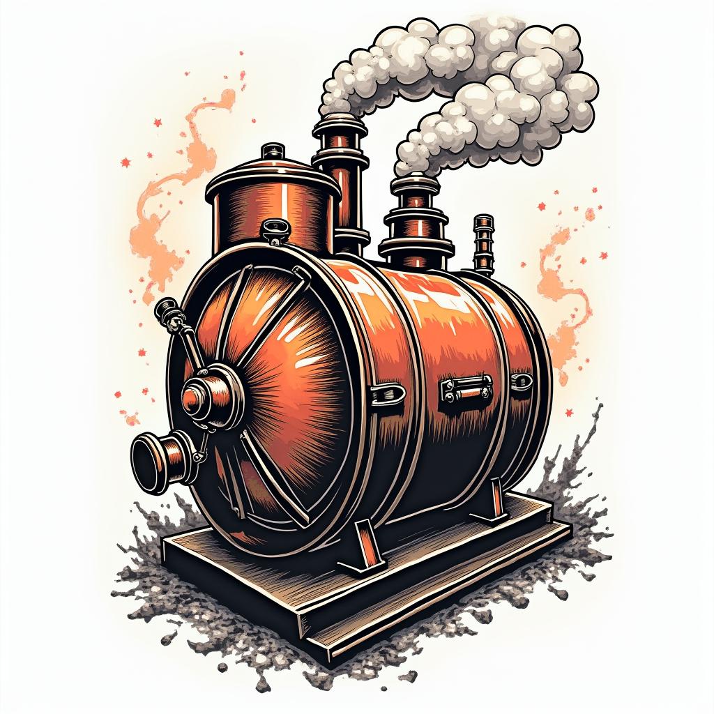 Big steam boilerin pop art style tattoo, featuring bold and vibrant colors, exaggerated outlines, iconic imagery, inspired by comic books and speech bubbles, comic book characters, retro pop culture - Variation 1