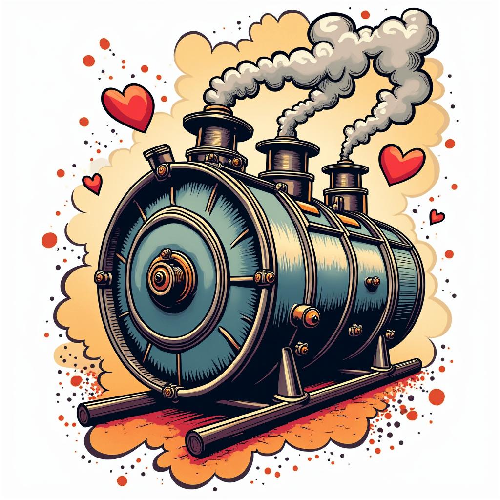 Big steam boilerin pop art style tattoo, featuring bold and vibrant colors, exaggerated outlines, iconic imagery, inspired by comic books and speech bubbles, comic book characters, retro pop culture - Variation 4