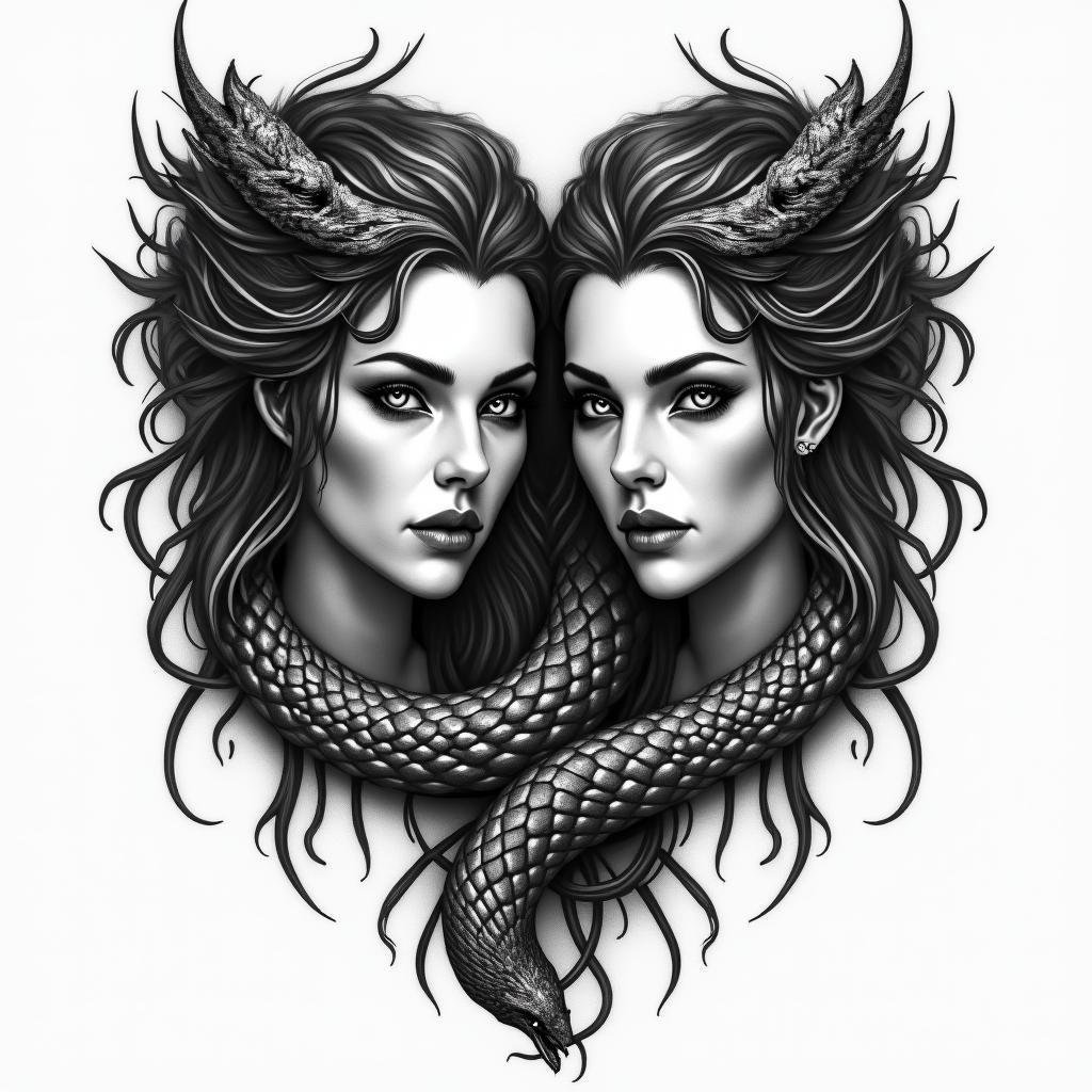 Valkyrie twins serpent ravenin realism tattoo style, featuring a highly detailed, lifelike, capturing every detail, photorealistic, ultra realistic, intricate shading, smooth and sharp,   - Variation 3