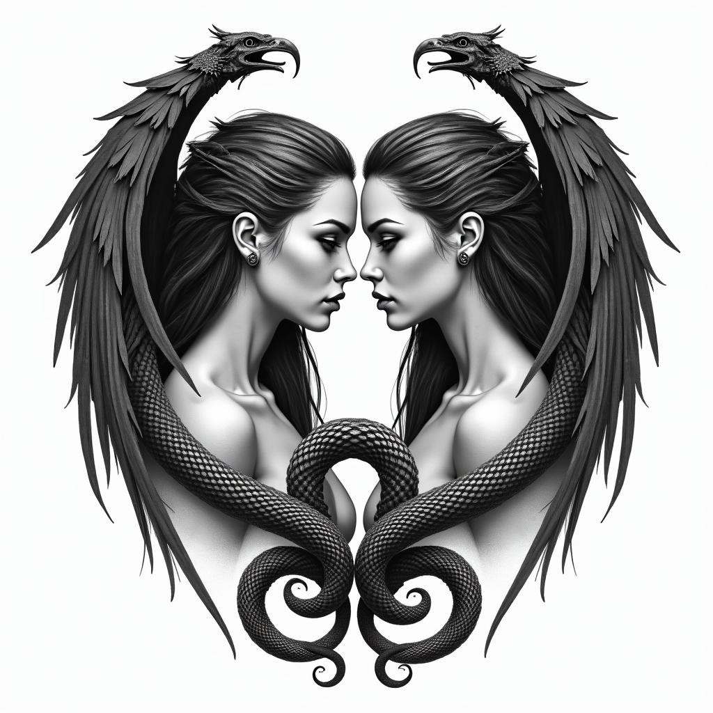 Valkyrie twins serpent ravenin realism tattoo style, featuring a highly detailed, lifelike, capturing every detail, photorealistic, ultra realistic, intricate shading, smooth and sharp,   - Variation 4