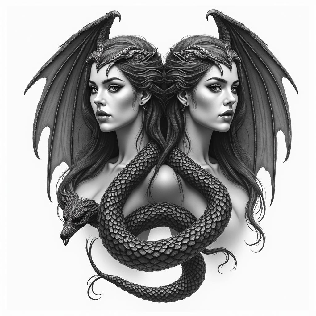 Valkyrie twins serpent ravenin realism tattoo style, featuring a highly detailed, lifelike, capturing every detail, photorealistic, ultra realistic, intricate shading, smooth and sharp,   - Variation 2