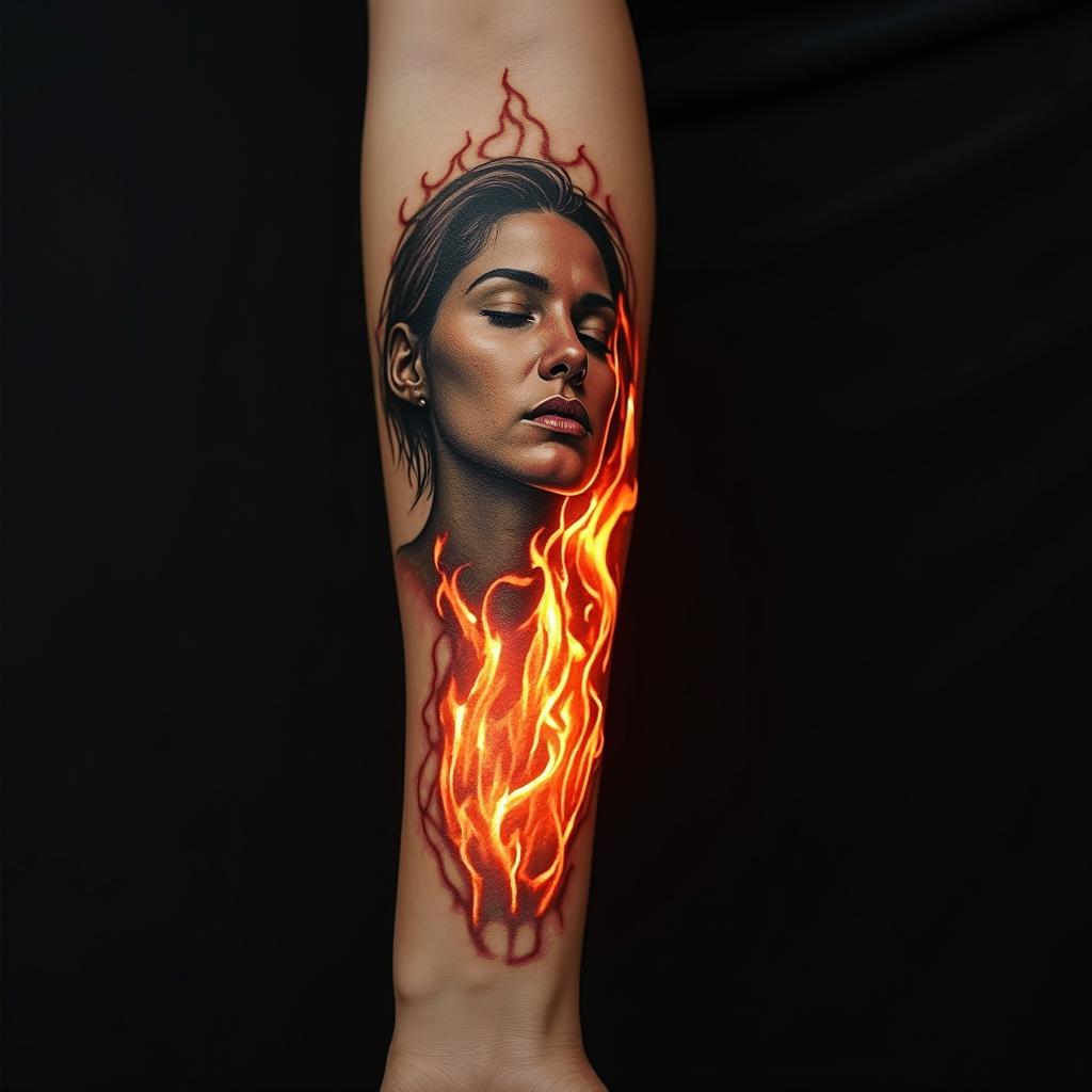 Fuck feelings heartbroken painin flame tattoo style showcasing fiery elements with dynamic flame patterns, glowing effect of flames, natural colors - Variation 3