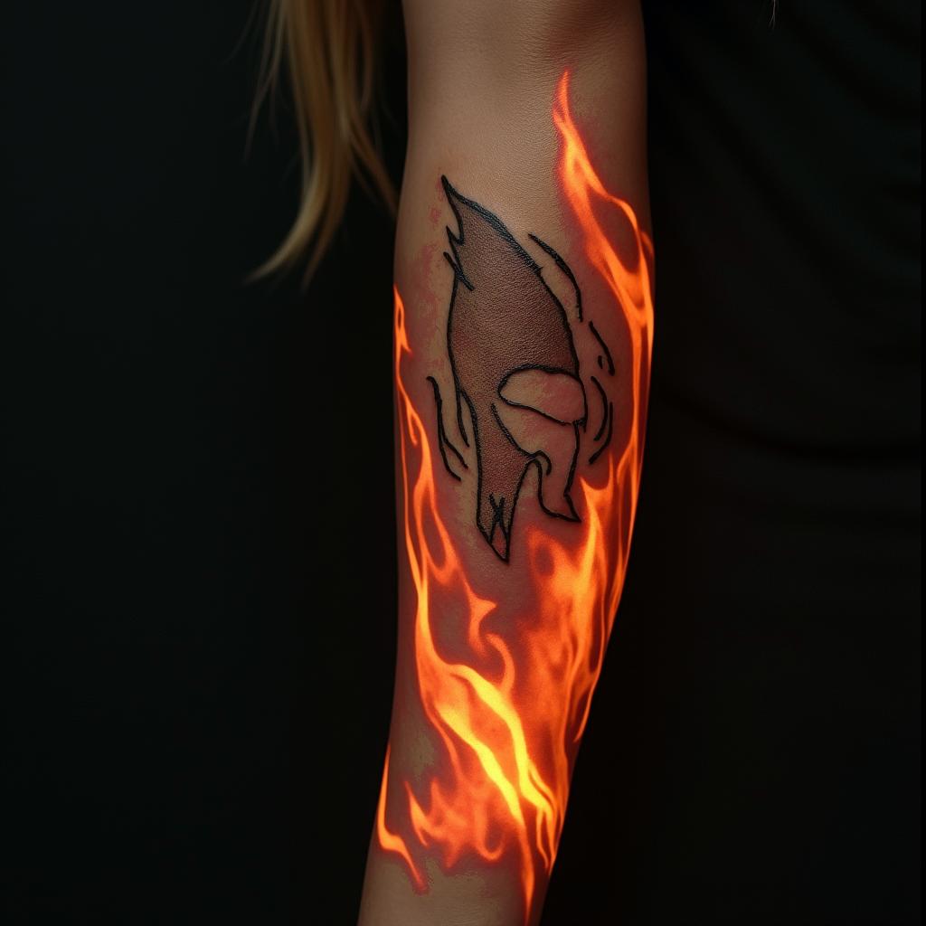 Fuck feelings heartbroken painin flame tattoo style showcasing fiery elements with dynamic flame patterns, glowing effect of flames, natural colors