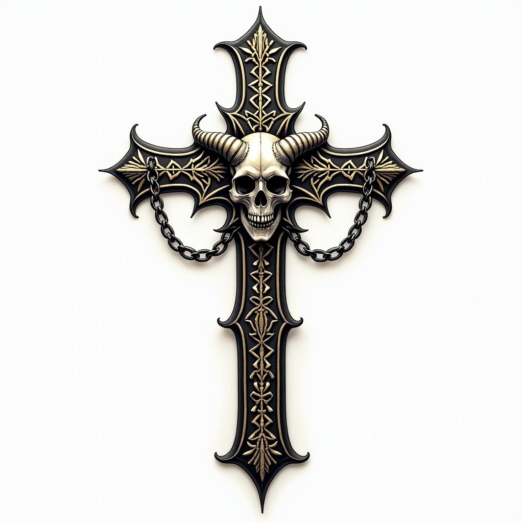 Cross with golden details with a demon skull placed in chainsin dotwork style tattoo, complex mandala patterns, interlocking geometric shapes with sharp symmetry, clean lines, sharp angles - Variation 2
