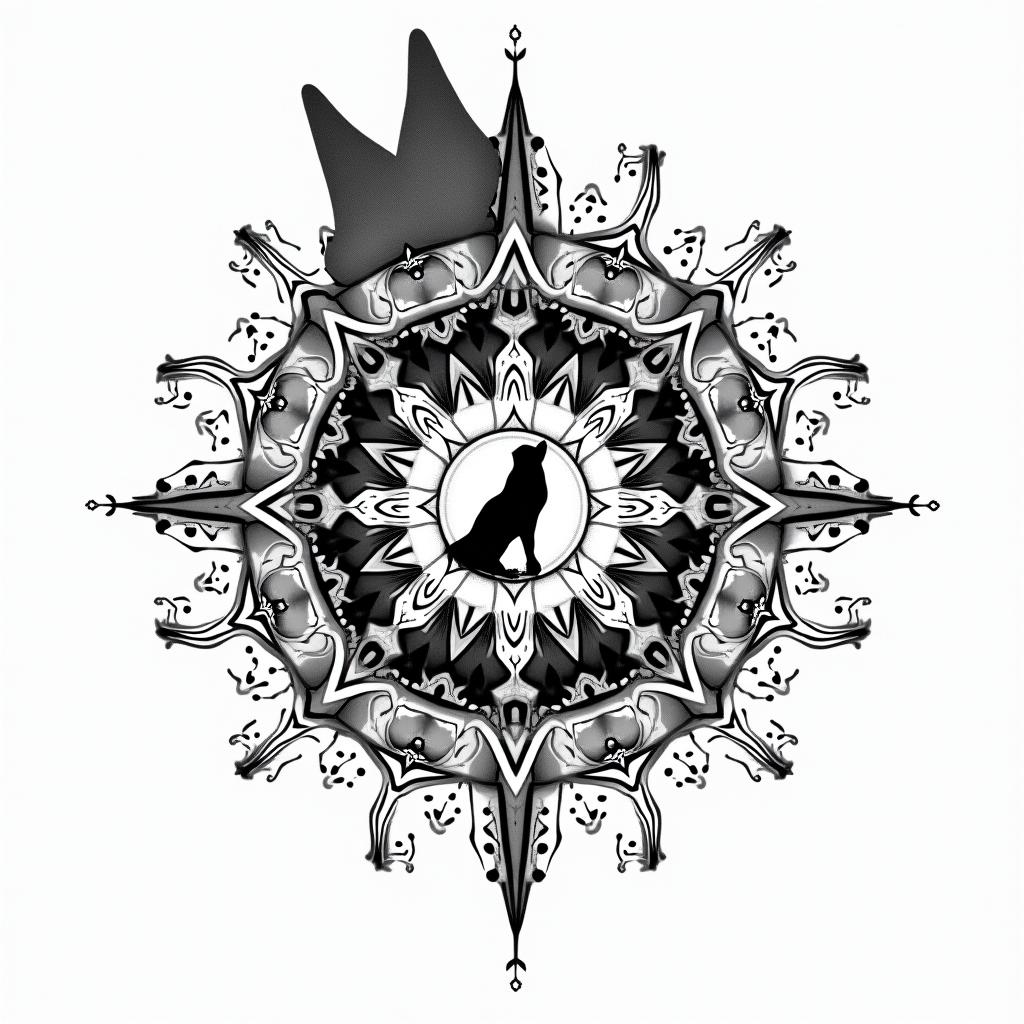 Galaxy with a silhouette of a wolf in the backgroundin dotwork style tattoo, complex mandala patterns, interlocking geometric shapes with sharp symmetry, clean lines, sharp angles - Variation 4