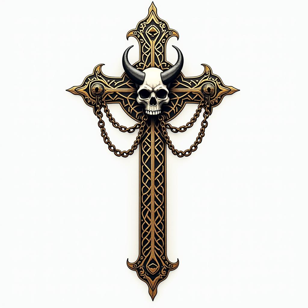 Cross with golden details with a demon skull placed in chainsin dotwork style tattoo, complex mandala patterns, interlocking geometric shapes with sharp symmetry, clean lines, sharp angles