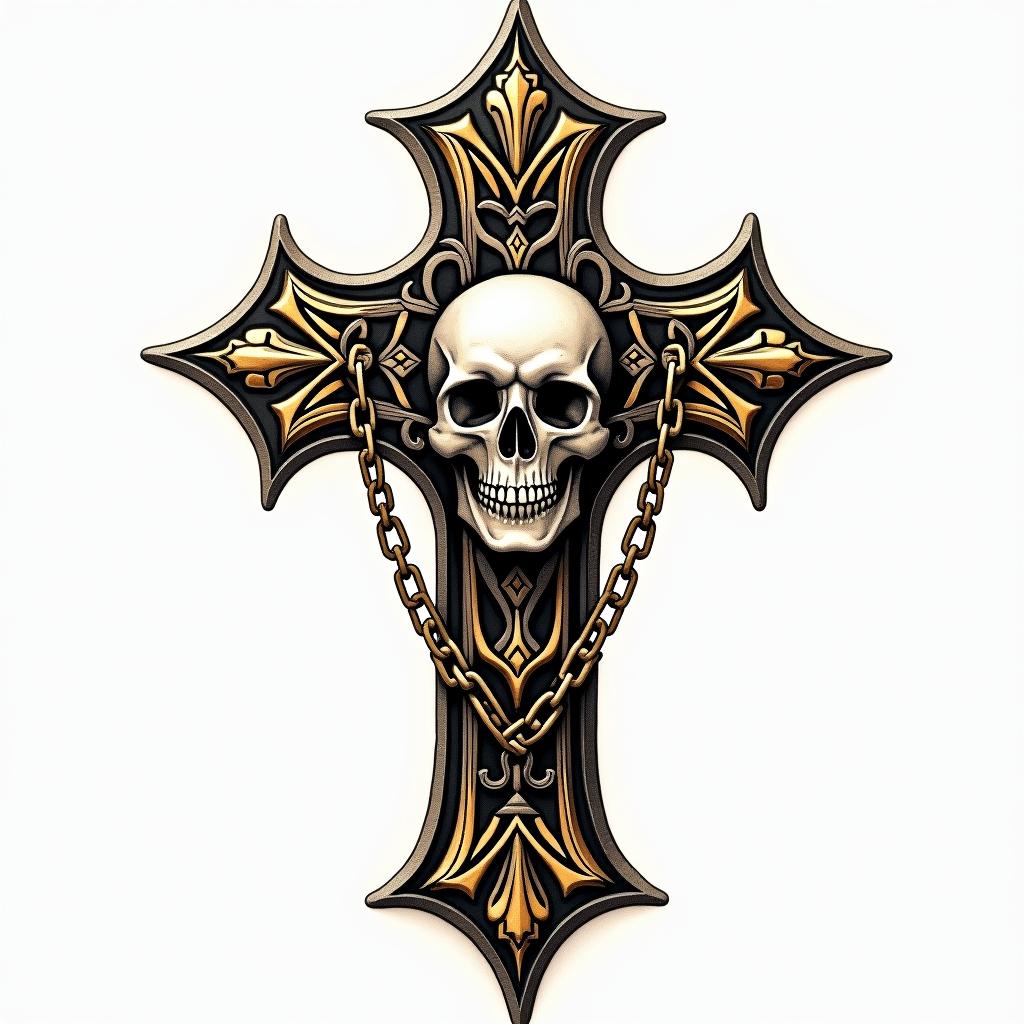 Cross with golden details with a demon skull placed in chainsin dotwork style tattoo, complex mandala patterns, interlocking geometric shapes with sharp symmetry, clean lines, sharp angles - Variation 4