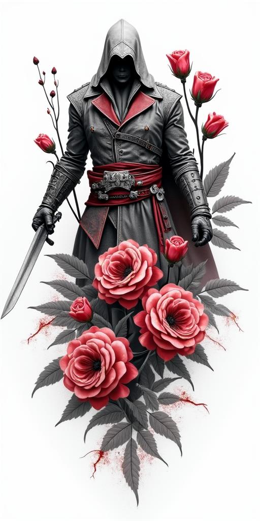 Assassins creed mixed with flowers, thorns and bloodin realism tattoo style, featuring a highly detailed, lifelike, capturing every detail, photorealistic, ultra realistic, intricate shading, smooth and sharp, - Variation 14