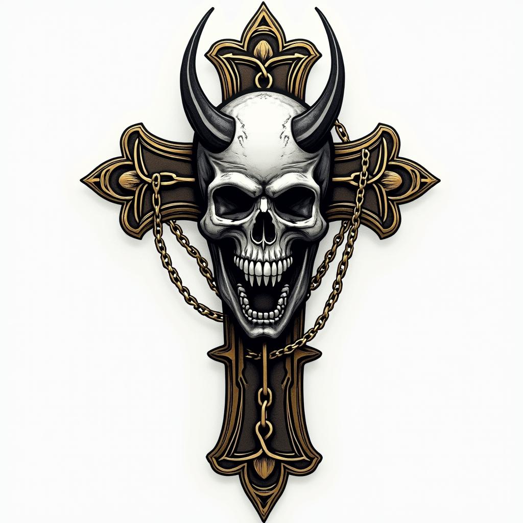 Cross with golden details, laid with a demon skull in chains. in horror tattoo style, showcasing haunting and unsettling, dark and gritty textures with skulls, eerie faces, jgged designs, bold and intense shading - Variation 4