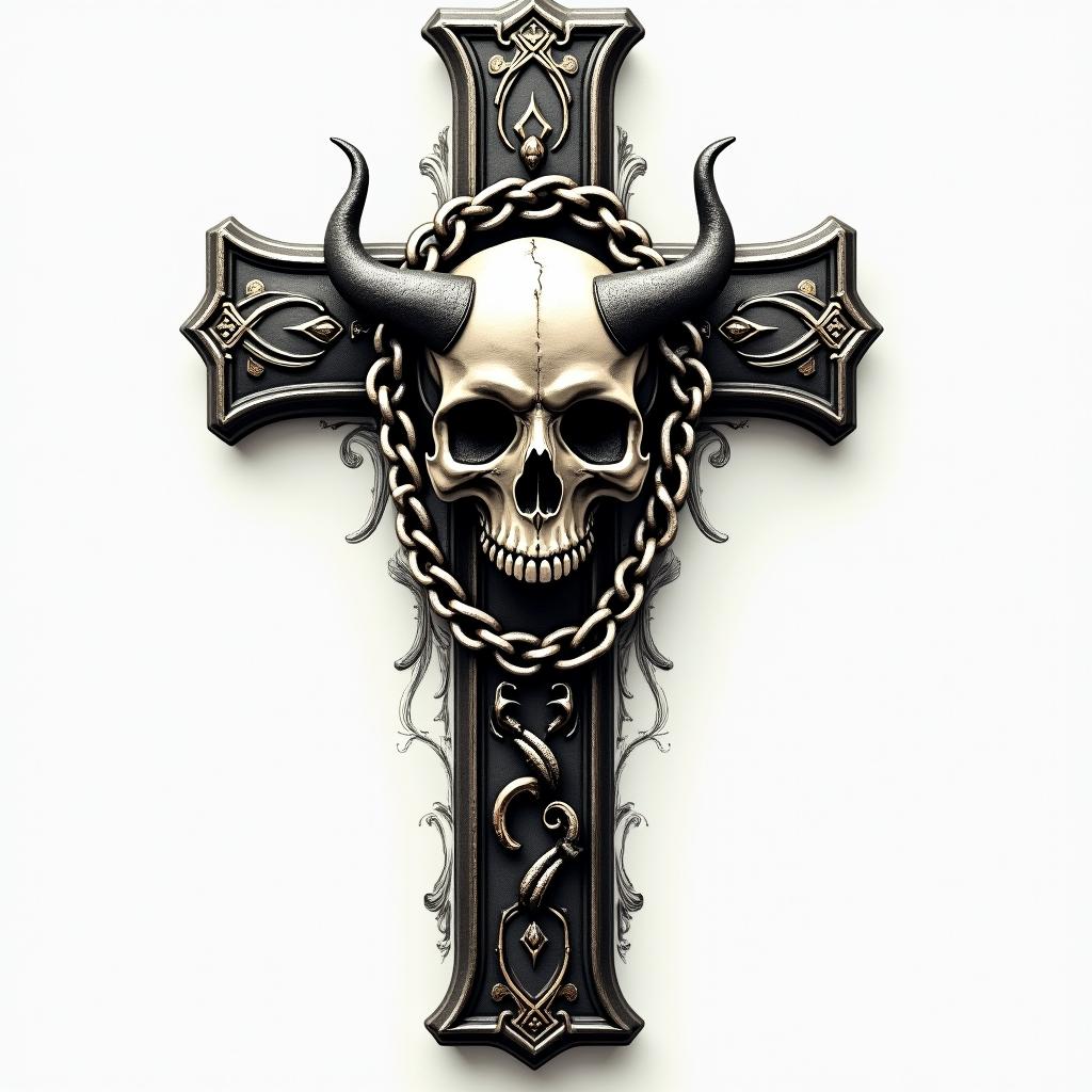 Cross with golden details, laid with a demon skull in chains. in horror tattoo style, showcasing haunting and unsettling, dark and gritty textures with skulls, eerie faces, jgged designs, bold and intense shading - Variation 2
