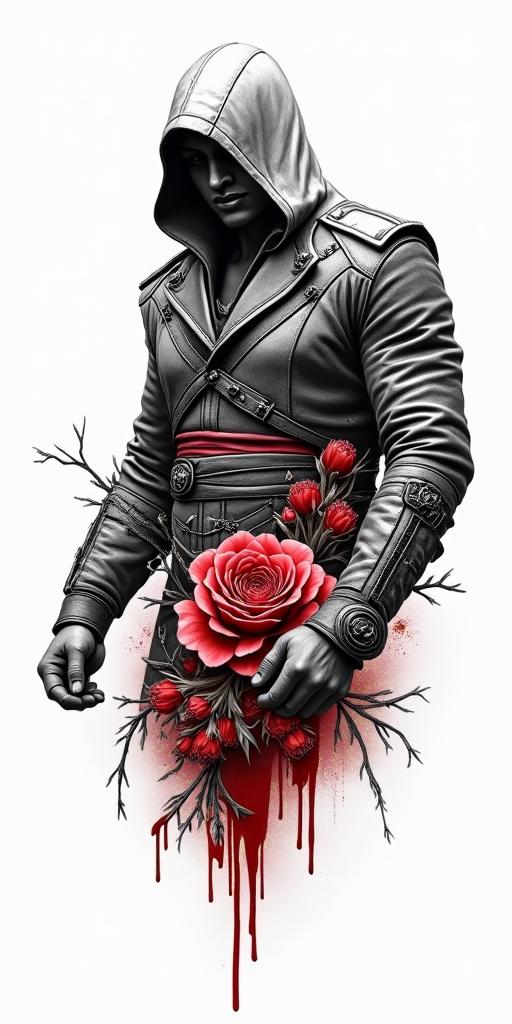 Assassins creed mixed with flowers, thorns and bloodin realism tattoo style, featuring a highly detailed, lifelike, capturing every detail, photorealistic, ultra realistic, intricate shading, smooth and sharp, - Variation 2
