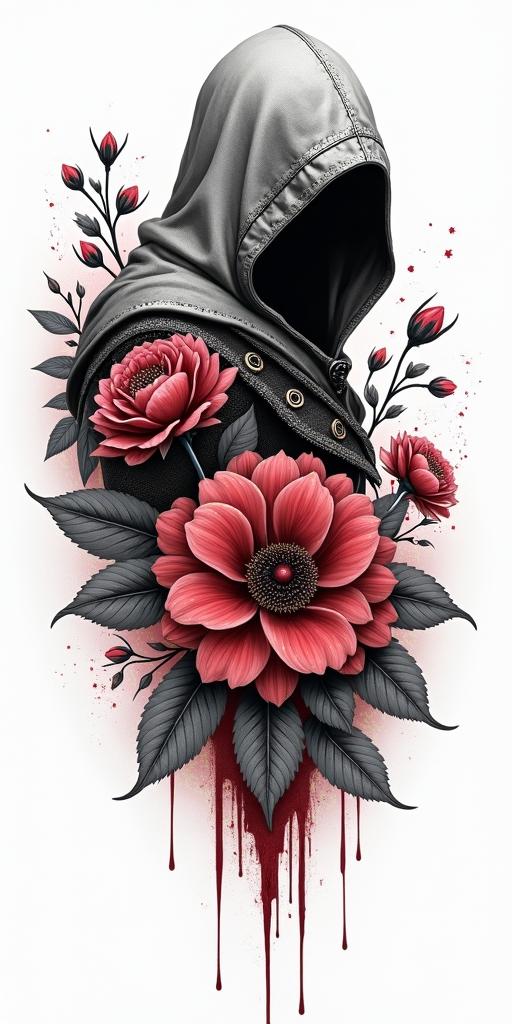 Assassins creed mixed with flowers, thorns and bloodin realism tattoo style, featuring a highly detailed, lifelike, capturing every detail, photorealistic, ultra realistic, intricate shading, smooth and sharp, - Variation 1