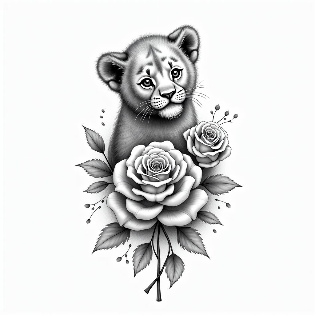 A beautifully faded tattoo design featuring a baby lion and roses, symbolizing love and happiness. The name "Hudsyn" is elegantly written in flowing script, complemented by his birth date "II/IV/MMXXV" in Roman numerals. The overall style is monochromatic, conveying a sense of perfection and deep emotional connection.higly detailed tattoo - Variation 6