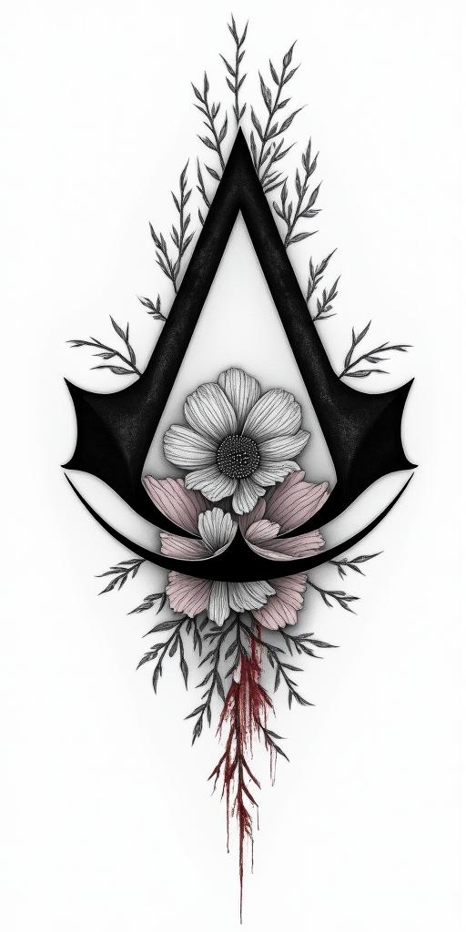 Assassins creed symbols mixed with flowers, thorns and bloodin realism tattoo style, featuring a highly detailed, lifelike, capturing every detail, photorealistic, ultra realistic, intricate shading, smooth and sharp,  