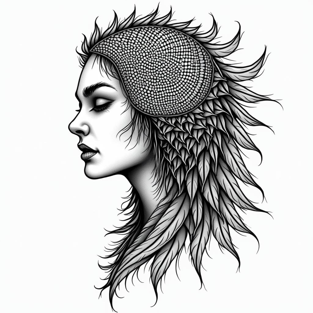 Vegvisir, raven, womanin dotwork style tattoo, complex mandala patterns, interlocking geometric shapes with sharp symmetry, clean lines, sharp angles - Variation 1