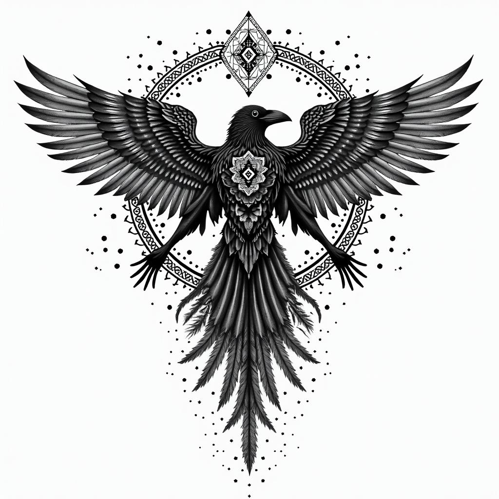 Vegvisir, raven, womanin dotwork style tattoo, complex mandala patterns, interlocking geometric shapes with sharp symmetry, clean lines, sharp angles - Variation 3