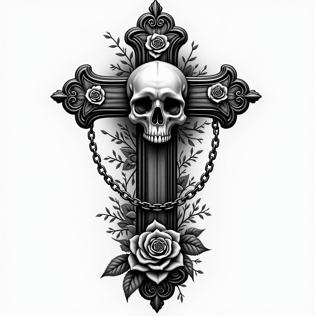 Briannain chicano style tattoo, featuring intricate black and grey shading, bold elements of traditional chicano culture symbols, add a big cross with skull, chains and roses - Variation 3