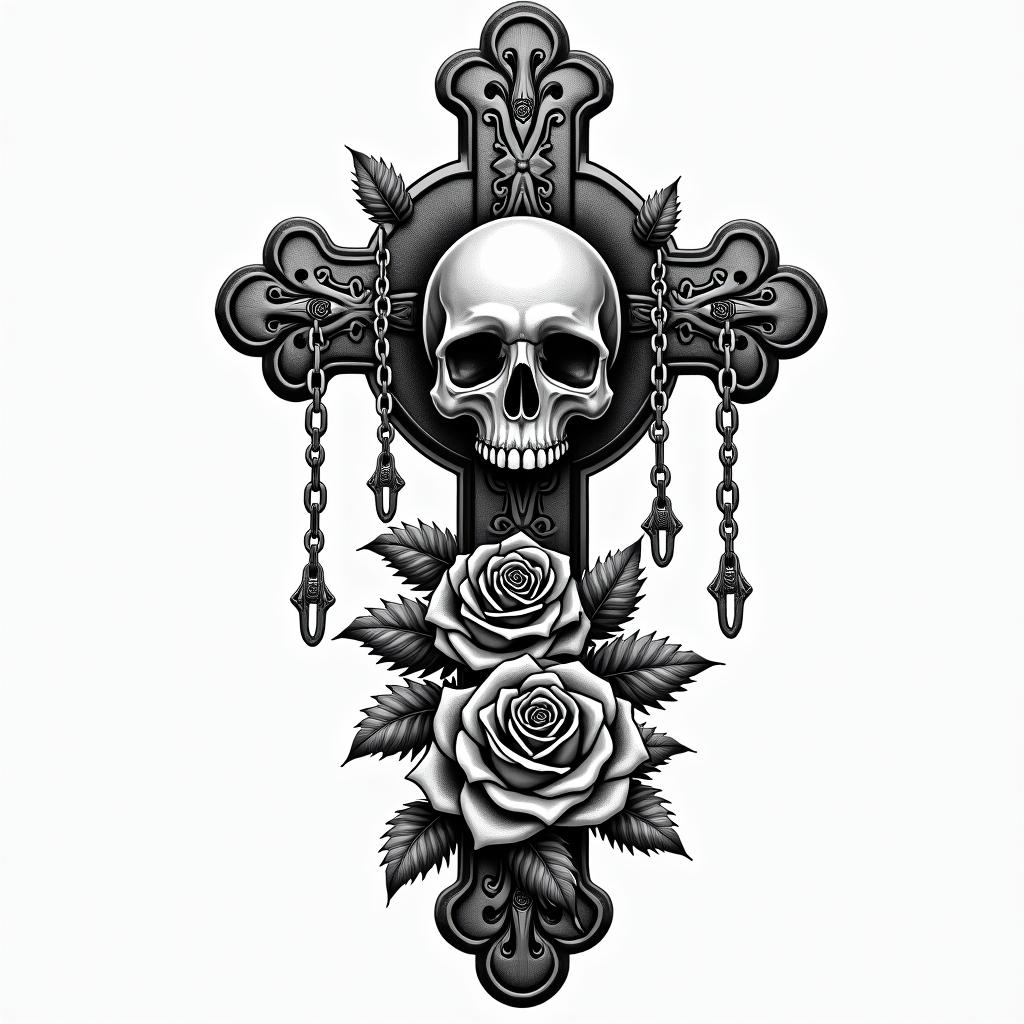 Briannain chicano style tattoo, featuring intricate black and grey shading, bold elements of traditional chicano culture symbols, add a big cross with skull, chains and roses