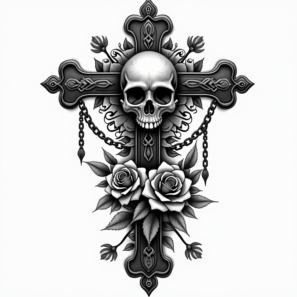 Briannain chicano style tattoo, featuring intricate black and grey shading, bold elements of traditional chicano culture symbols, add a big cross with skull, chains and roses - Variation 4