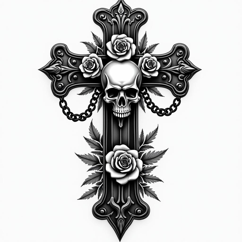 Briannain chicano style tattoo, featuring intricate black and grey shading, bold elements of traditional chicano culture symbols, add a big cross with skull, chains and roses - Variation 2