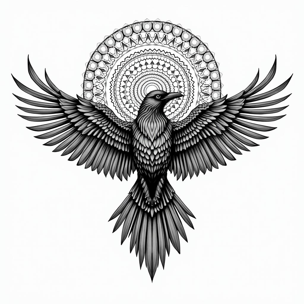 Viking woman crowin dotwork style tattoo, complex mandala patterns, interlocking geometric shapes with sharp symmetry, clean lines, sharp angles - Variation 4
