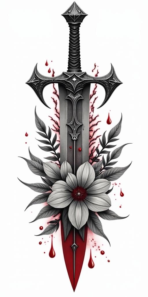 Assassins creed blade mixed with flowers, thorns and bloodin realism tattoo style, featuring a highly detailed, lifelike, capturing every detail, photorealistic, ultra realistic, intricate shading, smooth and sharp,   - Variation 4