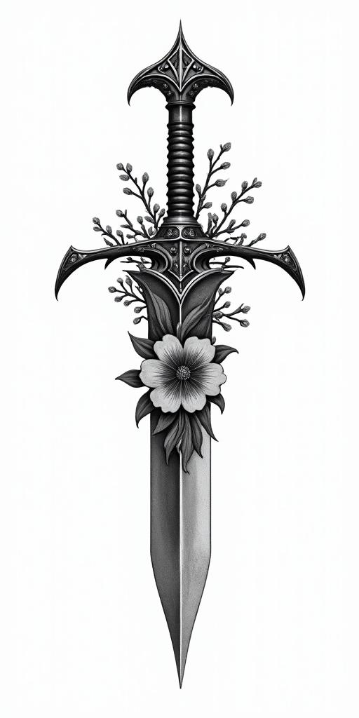 Assassins creed blade mixed with flowers, thorns and bloodin realism tattoo style, featuring a highly detailed, lifelike, capturing every detail, photorealistic, ultra realistic, intricate shading, smooth and sharp,   - Variation 6