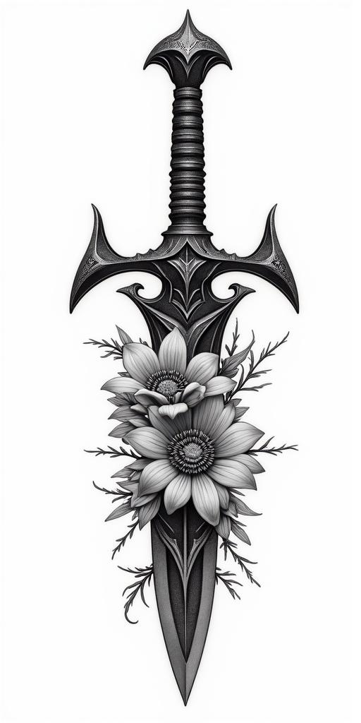 Assassins creed blade mixed with flowers, thorns and bloodin realism tattoo style, featuring a highly detailed, lifelike, capturing every detail, photorealistic, ultra realistic, intricate shading, smooth and sharp,   - Variation 5