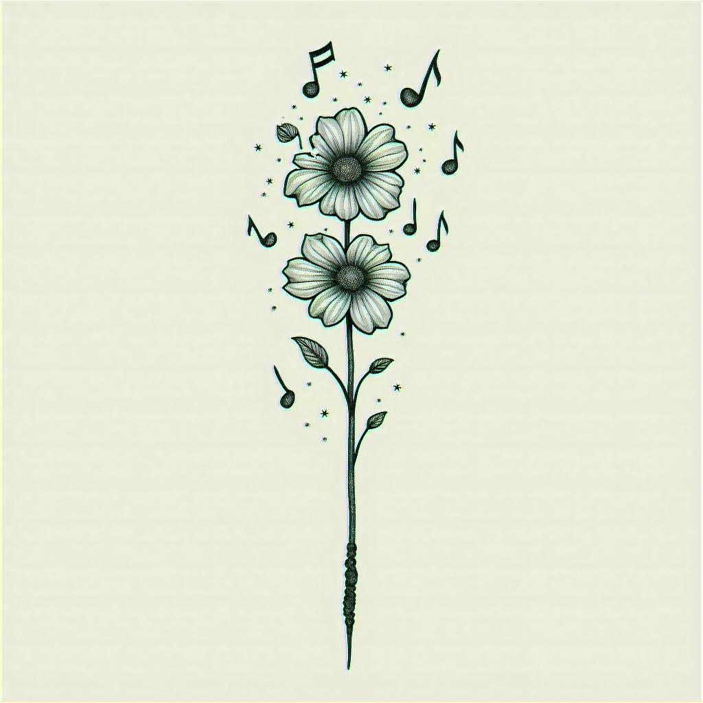 A whimsical minimalist tattoo design featuring two bell flowers emerging from a conductor’s wand, with two music notes on one side and three on the other, representing the client's children. The design should be in black and white, symbolizing the client's love for music and family.higly detailed tattoo - Variation 4