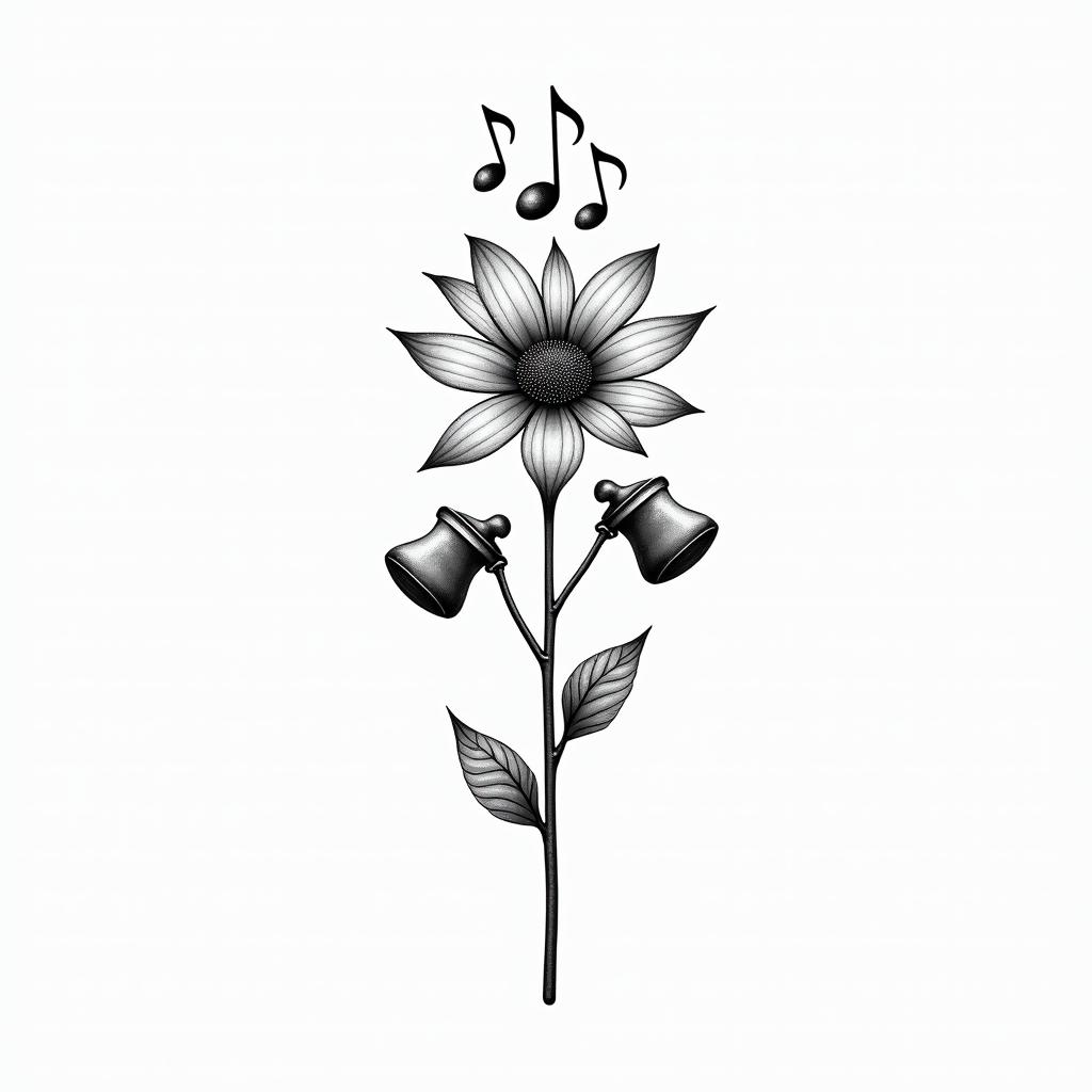 A whimsical minimalist tattoo design featuring two bell flowers emerging from a conductor’s wand, with two music notes on one side and three on the other, representing the client's children. The design should be in black and white, symbolizing the client's love for music and family.higly detailed tattoo