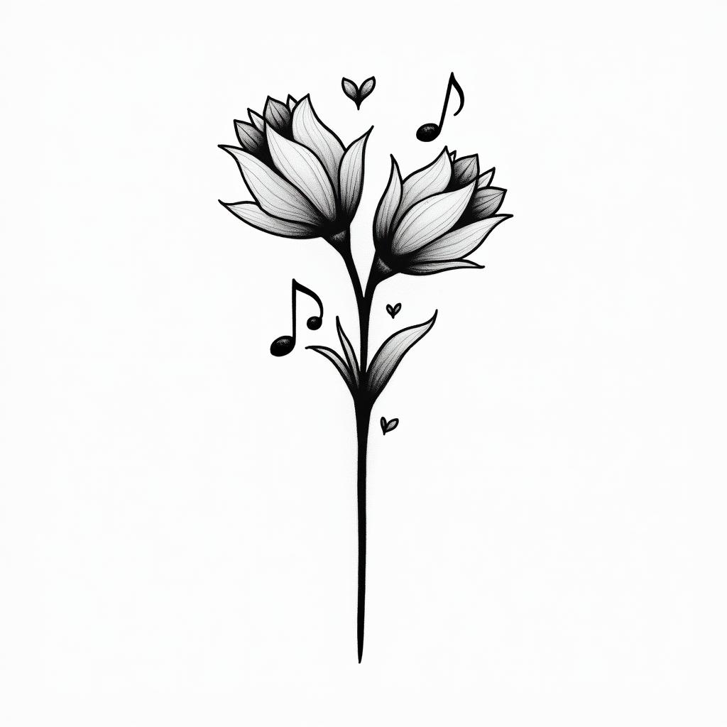 A whimsical minimalist tattoo design featuring two bell flowers emerging from a conductor’s wand, with two music notes on one side and three on the other, representing the client's children. The design should be in black and white, symbolizing the client's love for music and family.higly detailed tattoo - Variation 2