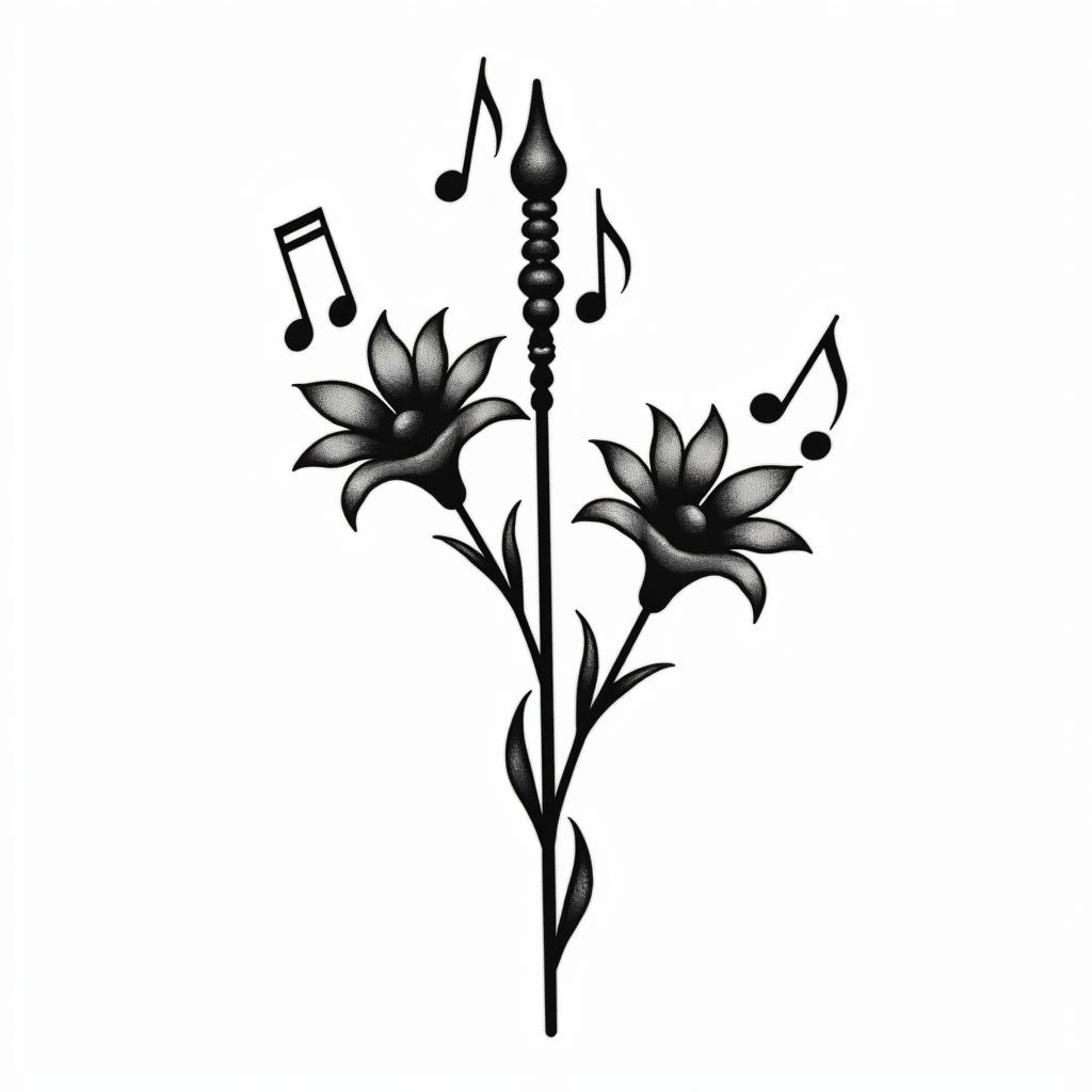A whimsical minimalist tattoo design featuring two bell flowers emerging from a conductor’s wand, with two music notes on one side and three on the other, representing the client's children. The design should be in black and white, symbolizing the client's love for music and family.higly detailed tattoo - Variation 3