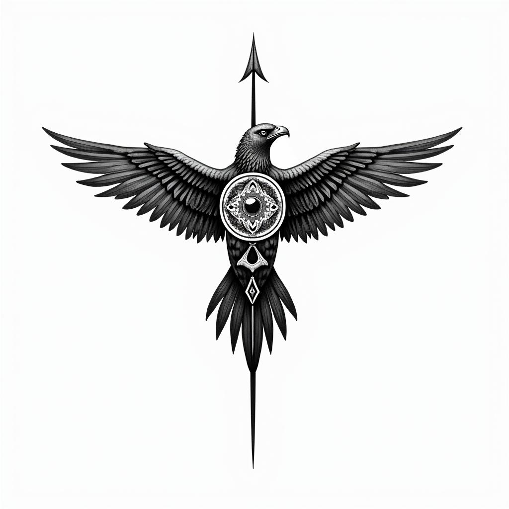 Arrow eagle right direction protectedin spiritual symbols tattoo style, featuring an intricate design incorporating elements, Hamsa hand, third eye, minimalist composition - Variation 3