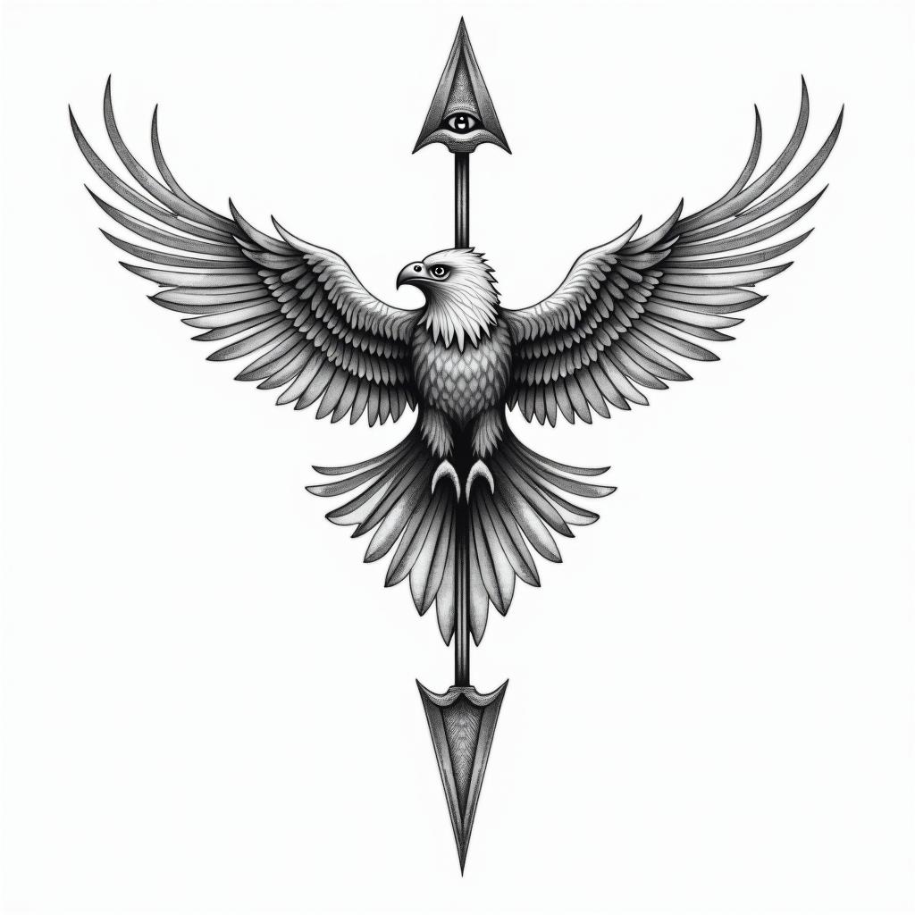 Arrow eagle right direction protectedin spiritual symbols tattoo style, featuring an intricate design incorporating elements, Hamsa hand, third eye, minimalist composition - Variation 4