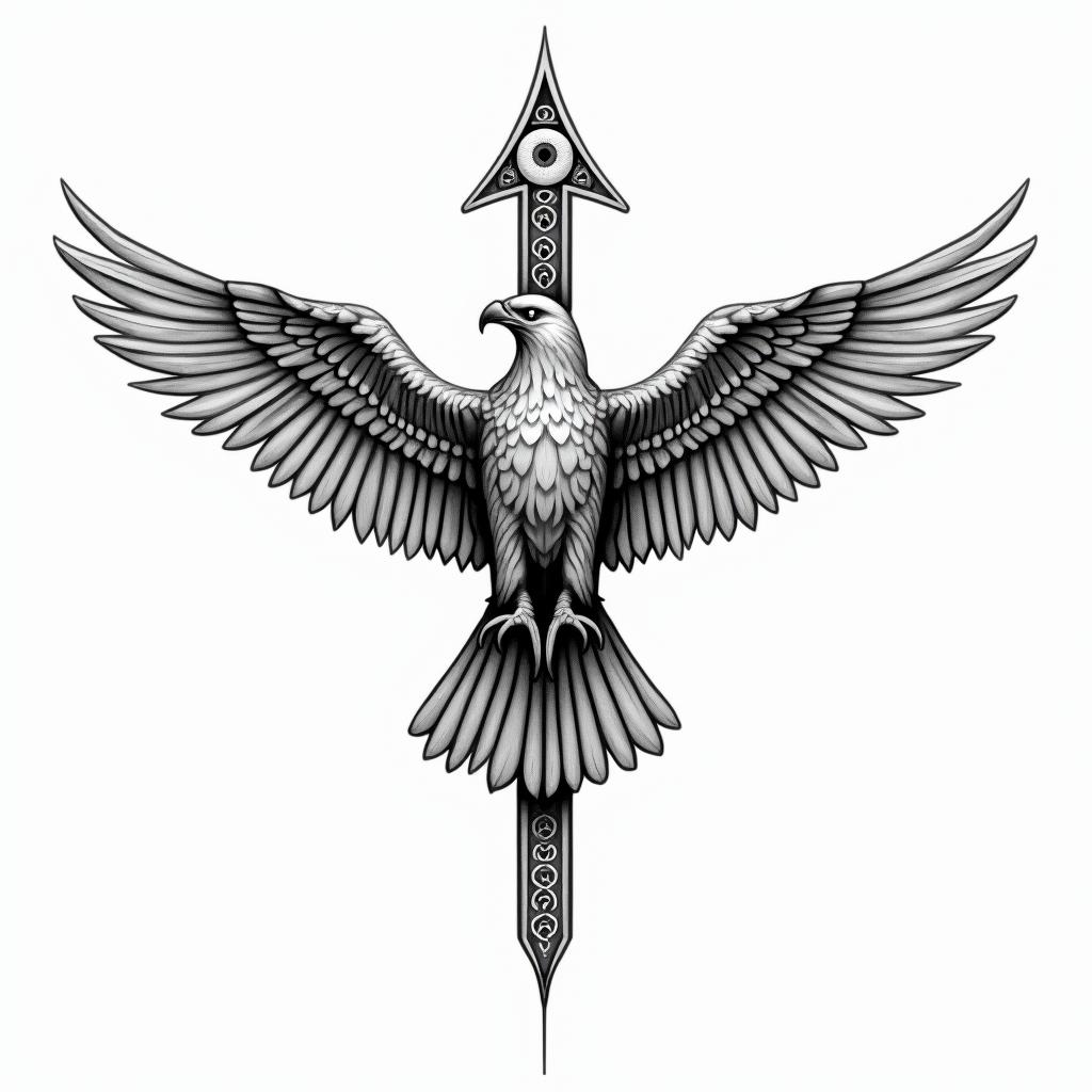 Arrow eagle right direction protectedin spiritual symbols tattoo style, featuring an intricate design incorporating elements, Hamsa hand, third eye, minimalist composition - Variation 2