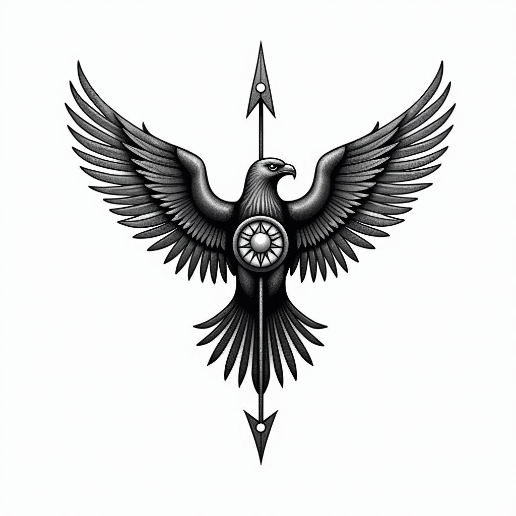 Arrow eagle right direction protectedin spiritual symbols tattoo style, featuring an intricate design incorporating elements, Hamsa hand, third eye, minimalist composition