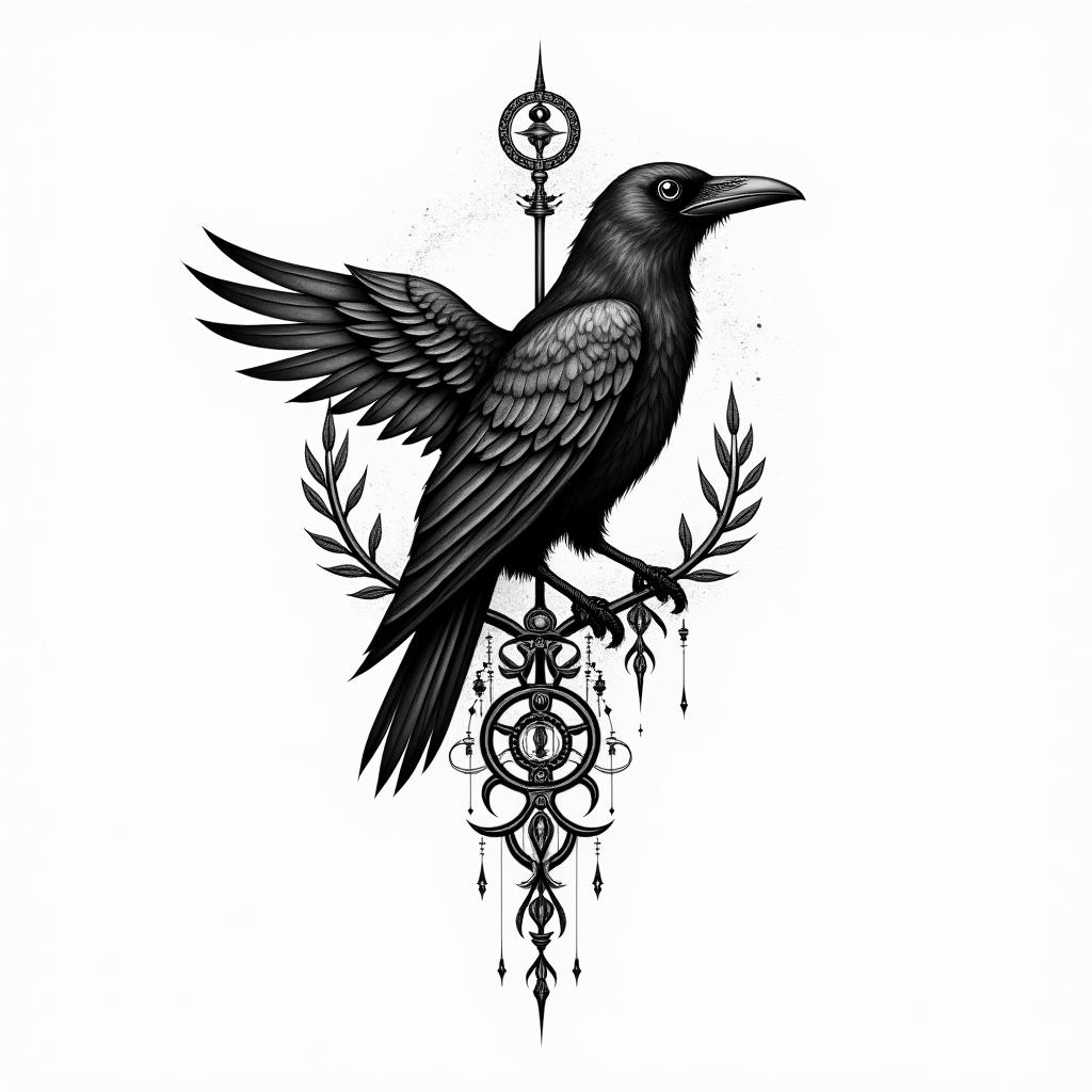 Viking crow for womenin spiritual symbols tattoo style, featuring an intricate design incorporating elements, Hamsa hand, third eye, minimalist composition - Variation 3