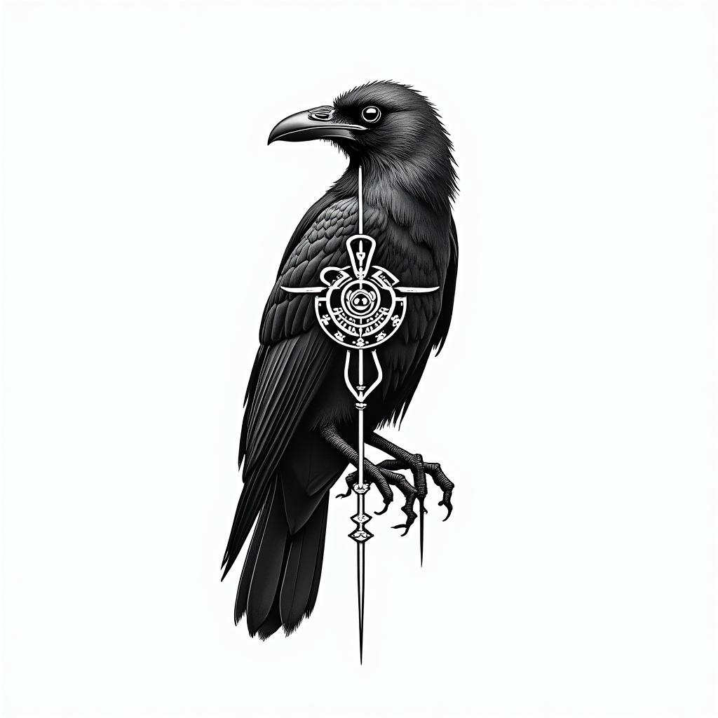 Viking crow for womenin spiritual symbols tattoo style, featuring an intricate design incorporating elements, Hamsa hand, third eye, minimalist composition - Variation 2