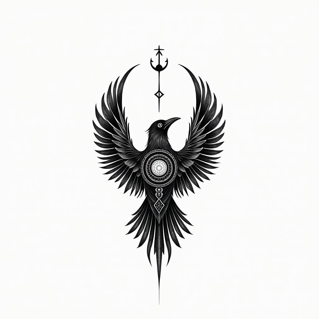Viking crow for womenin spiritual symbols tattoo style, featuring an intricate design incorporating elements, Hamsa hand, third eye, minimalist composition