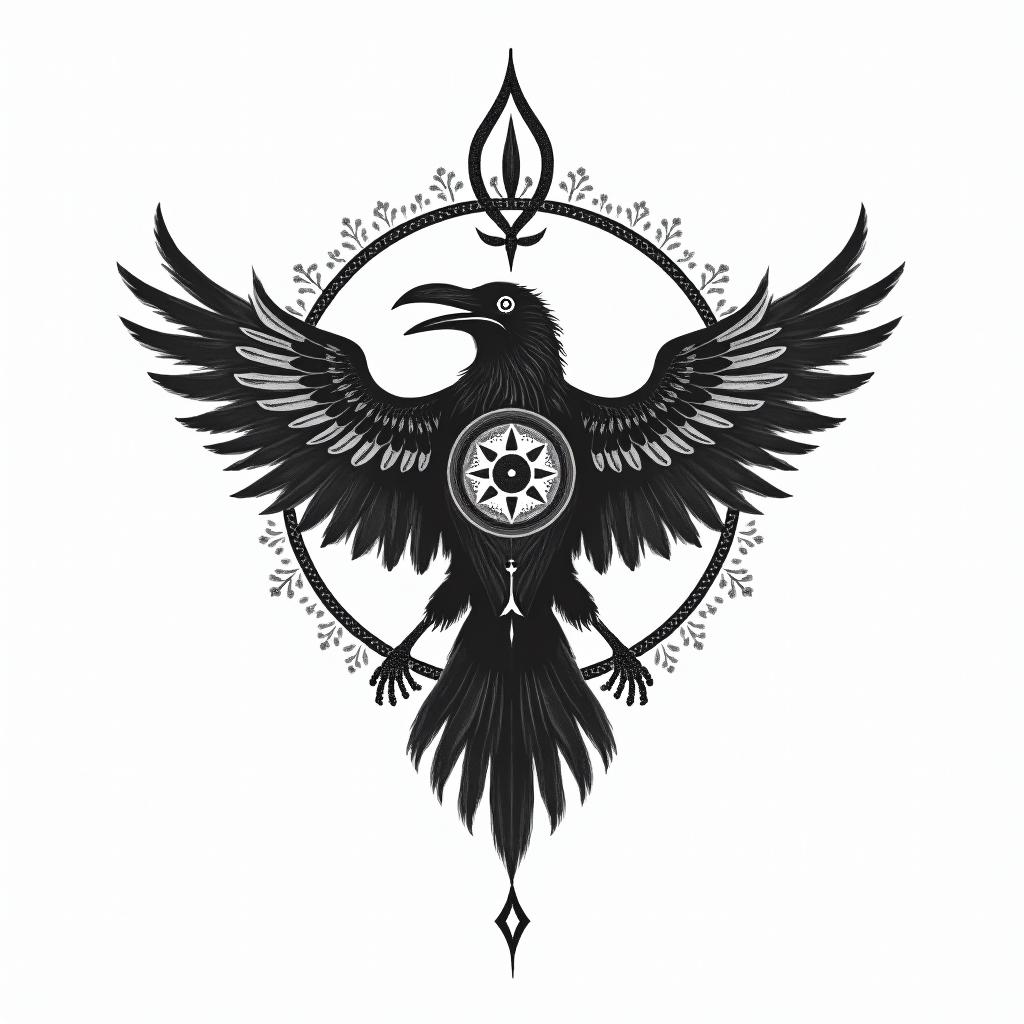Viking crow for womenin spiritual symbols tattoo style, featuring an intricate design incorporating elements, Hamsa hand, third eye, minimalist composition - Variation 4