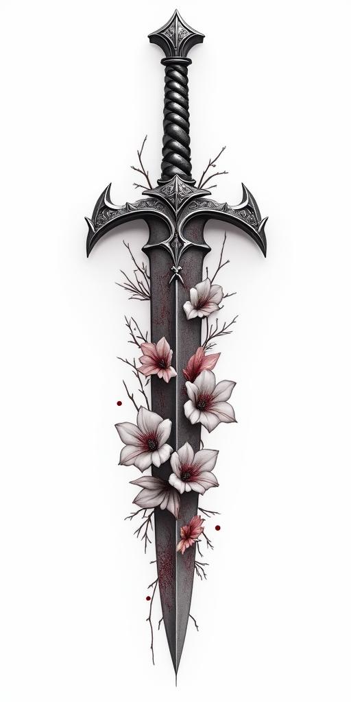 Assassins creed blade mixed with flowers, thorns and bloodin realism tattoo style, featuring a highly detailed, lifelike, capturing every detail, photorealistic, ultra realistic, intricate shading, smooth and sharp,   - Variation 2