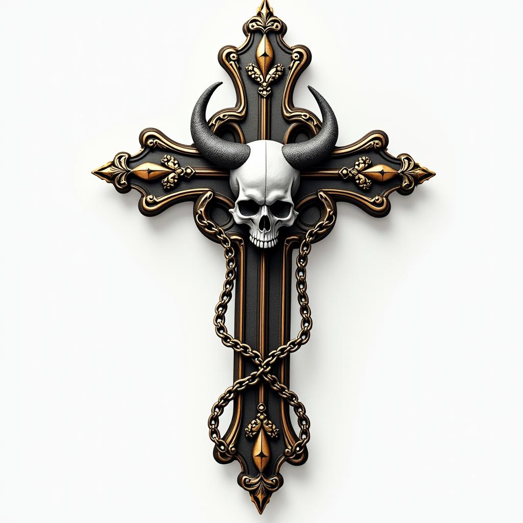 Cross with golden details laid with a demon skull in chains.in realism tattoo style, featuring a highly detailed, lifelike, capturing every detail, photorealistic, ultra realistic, intricate shading, smooth and sharp,