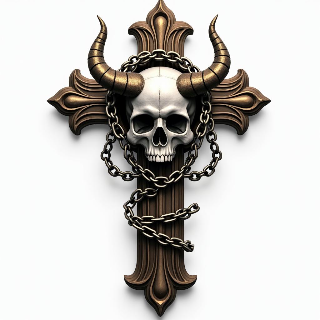 Cross with golden details laid with a demon skull in chains.in realism tattoo style, featuring a highly detailed, lifelike, capturing every detail, photorealistic, ultra realistic, intricate shading, smooth and sharp,   - Variation 3
