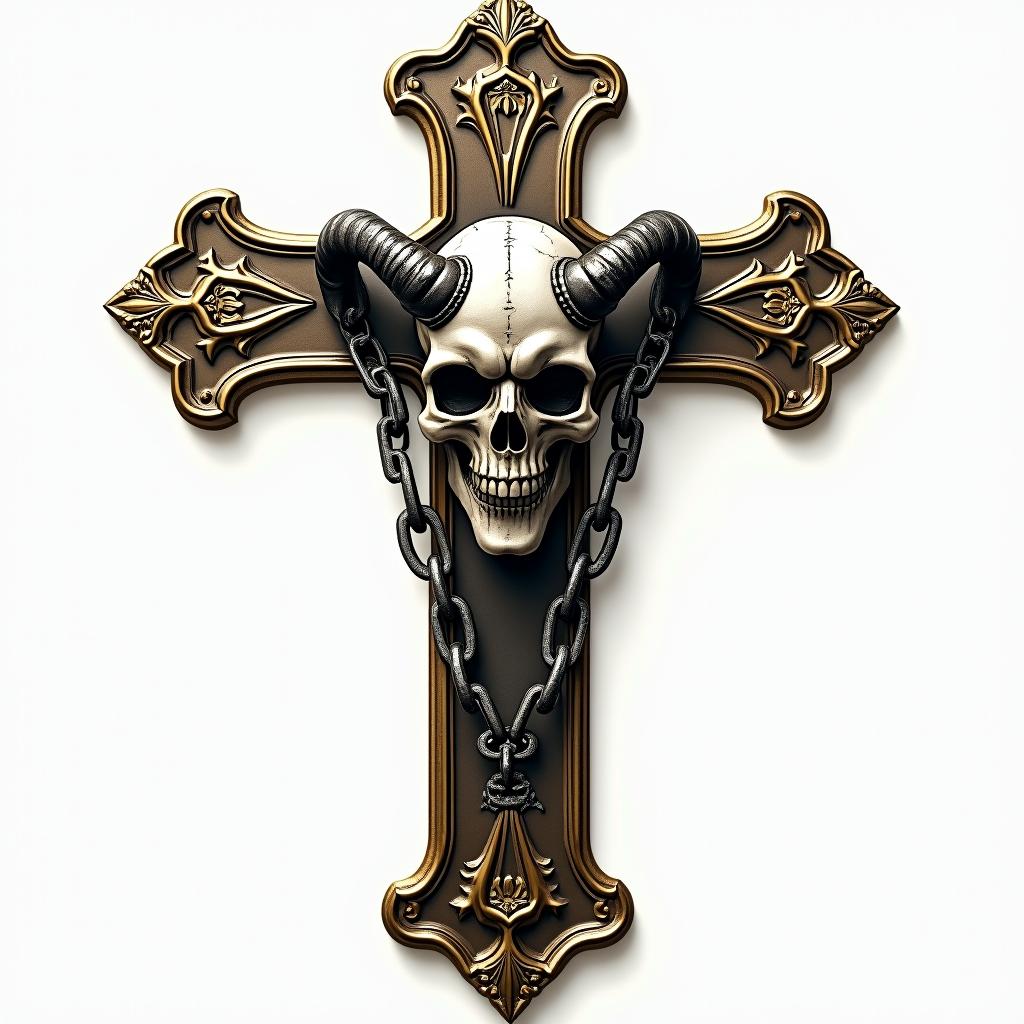 Cross with golden details laid with a demon skull in chains.in realism tattoo style, featuring a highly detailed, lifelike, capturing every detail, photorealistic, ultra realistic, intricate shading, smooth and sharp,   - Variation 2