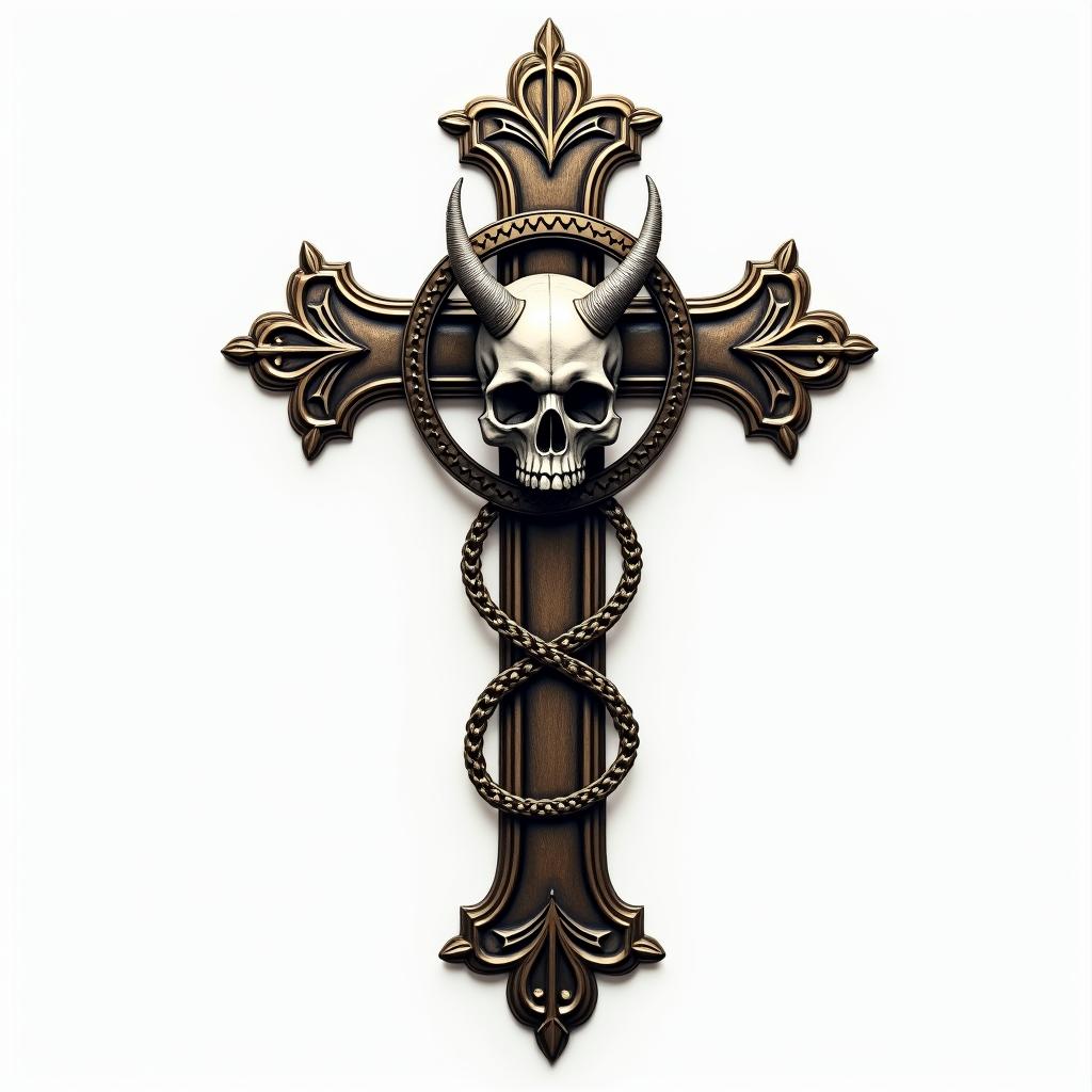 Cross with golden details laid with a demon skull in chains.in realism tattoo style, featuring a highly detailed, lifelike, capturing every detail, photorealistic, ultra realistic, intricate shading, smooth and sharp,   - Variation 4