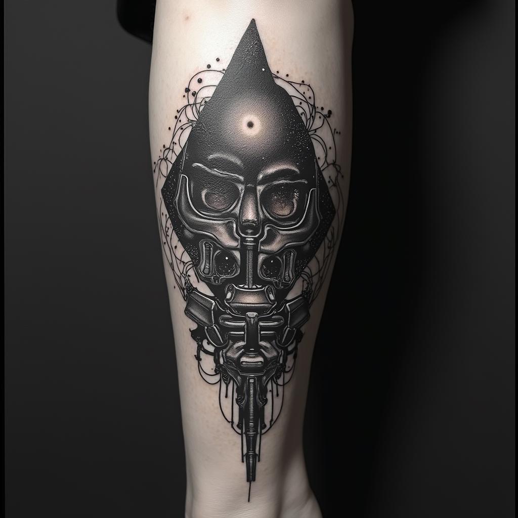Create a tattoo with the words Mack Life with the Andromeda galaxy in the backgroundtattoo in biomechanic style, the tattoo covered by robotic elements of futuristic cyberpunk design, robotic features detail, showcasing intricate mechanical components