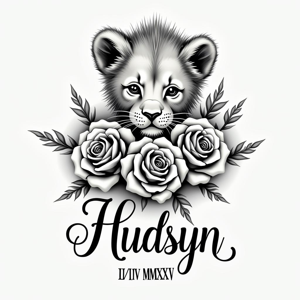 A beautifully faded tattoo design featuring a baby lion and roses, symbolizing love and happiness. The name "Hudsyn" is elegantly written in flowing script, complemented by his birth date "II/IV/MMXXV" in Roman numerals. The overall style is monochromatic, conveying a sense of perfection and deep emotional connection.higly detailed tattoo - Variation 2